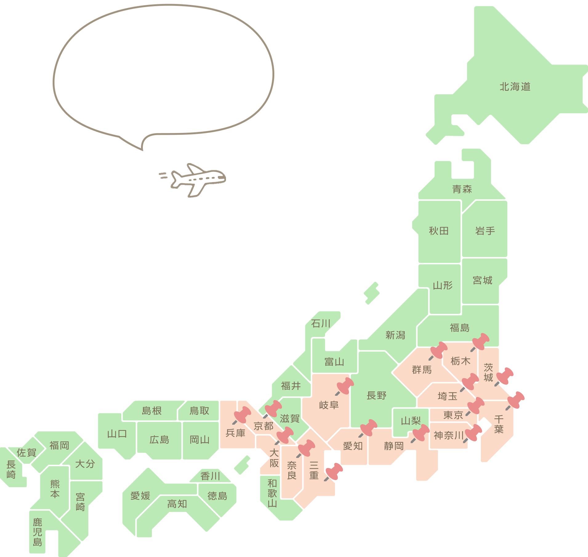 日本地図の募集エリアの該当箇所にピンが立っている