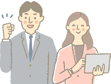 ガッツポーズをする会社員の男性と女性