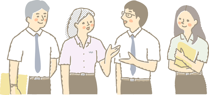 立ち話をしているビジネスカジュアル姿の4人の人物のイラスト