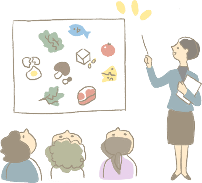 食品イラストが描かれたボードを指し示し説明する女性と、それを聞く3人のイラスト