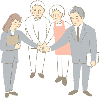 スーツ姿と作業服姿の4人が手を重ねているイラスト