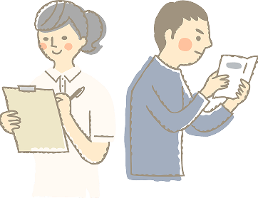 書類に記入する人物と本を読む人物のイラスト