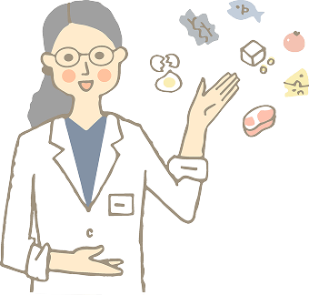 肉や魚、卵などの食材を指し示す白衣姿の人物のイラスト