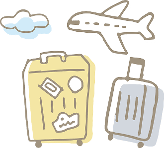 スーツケース、飛行機、雲が描かれた旅行の象徴的なイメージです。
