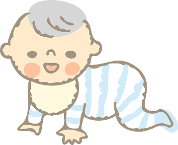 縞模様のパジャマを着た赤ちゃんの男の子が遊んでいるシーン。