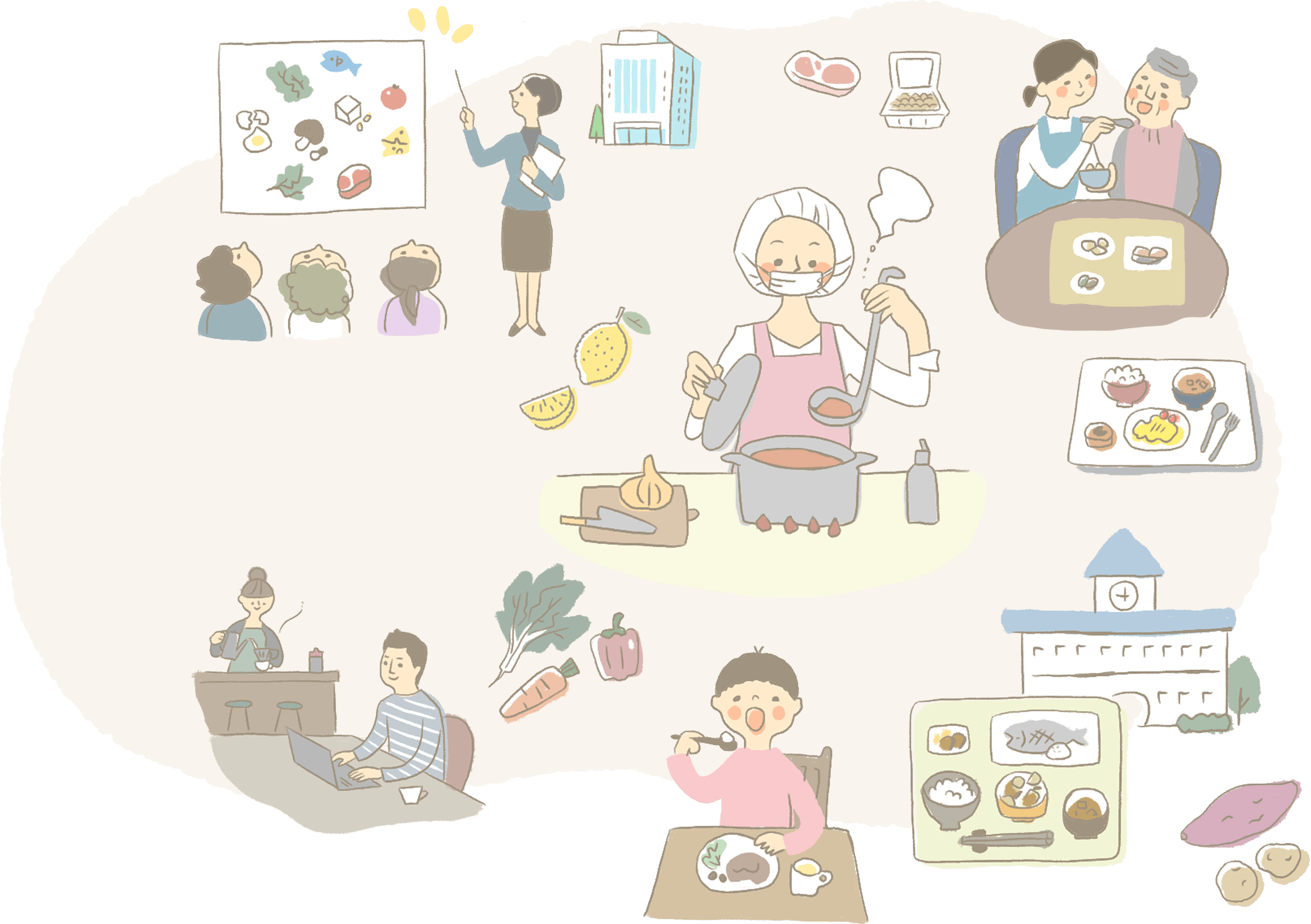 人々が料理をしながら食事を楽しむカートゥーンイラストです。
