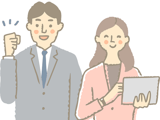 男性と女性が並んで立ち、タブレットを持っている様子を示しています。