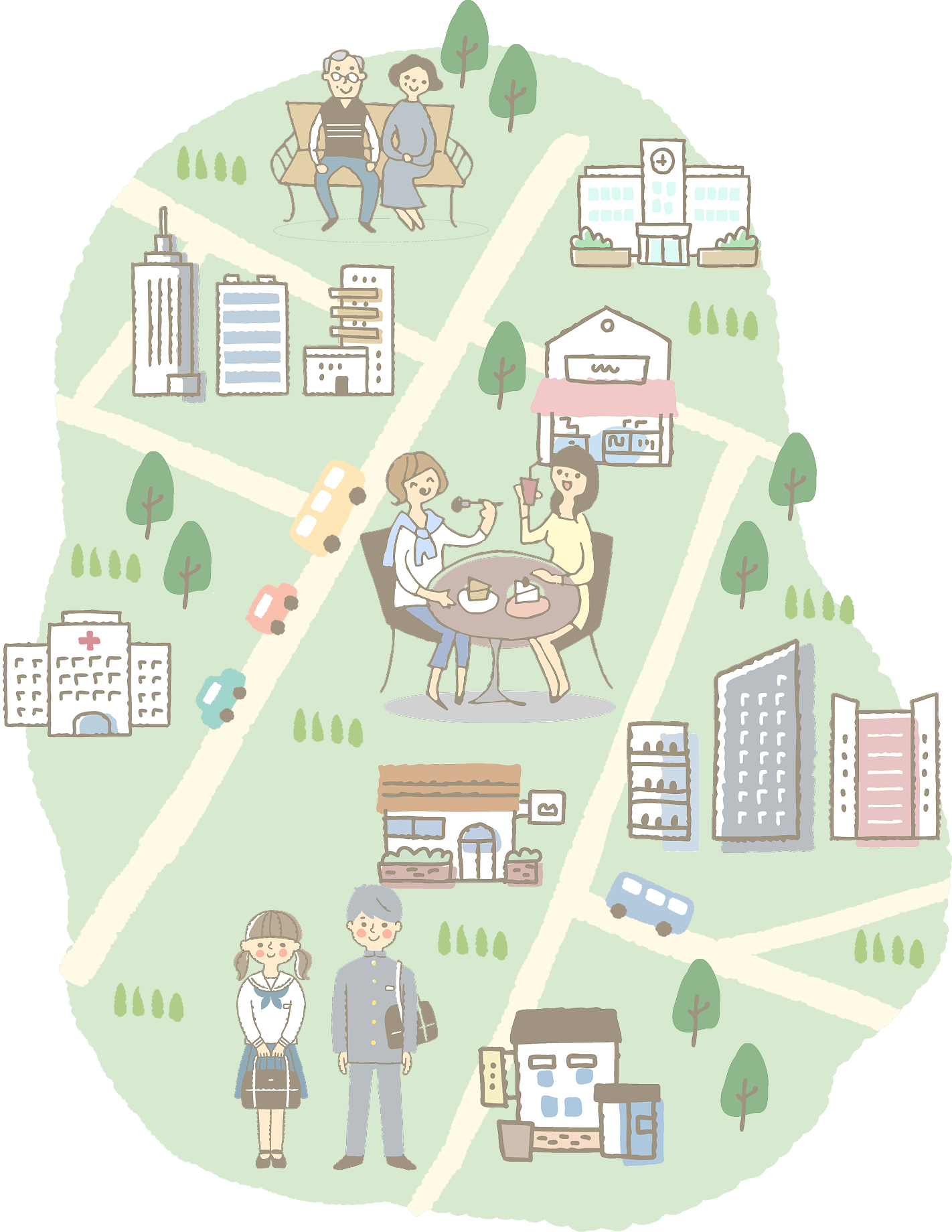 公園と都市で人々が活動しているイラスト。緑の木々と建物が背景に描かれています。